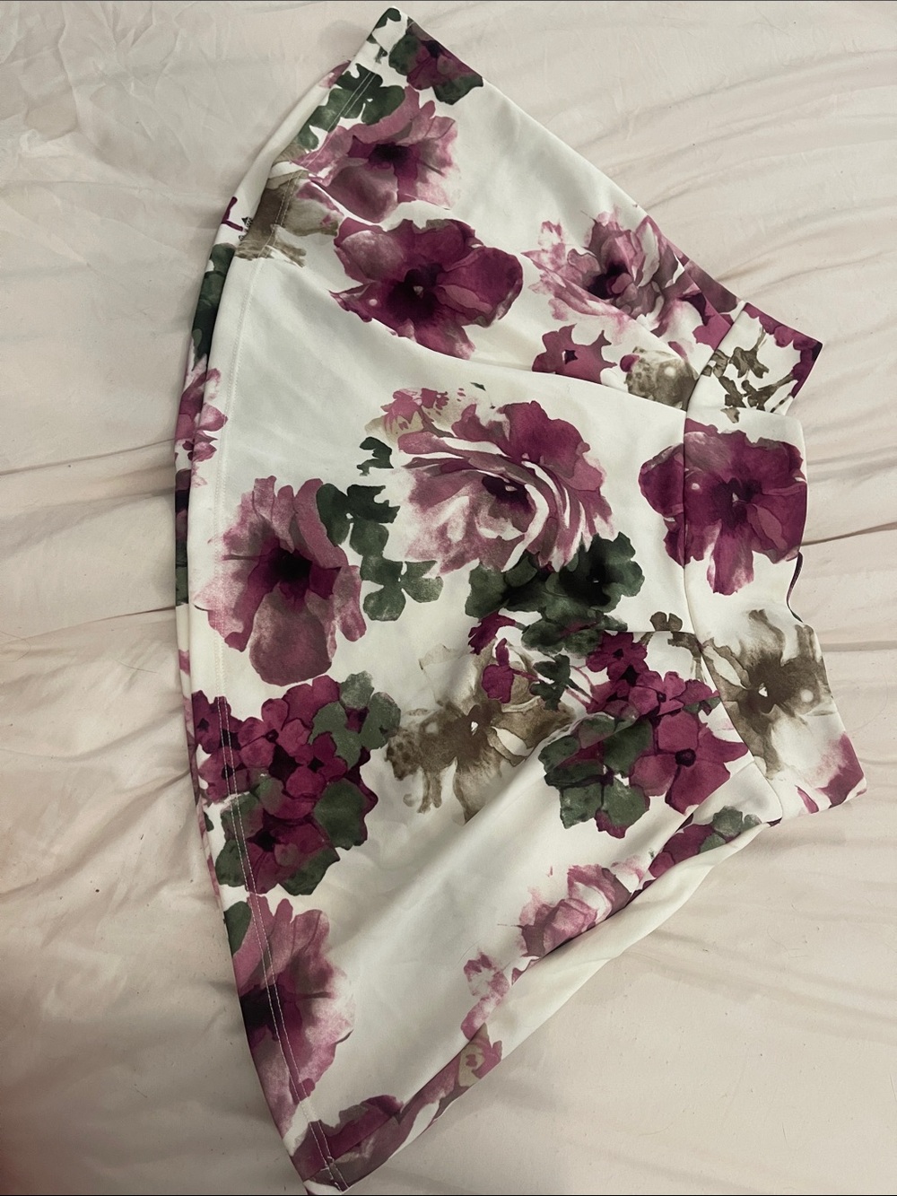 Women's White Floral A-Line Skirt with Pink Purple Blooms and Pockets